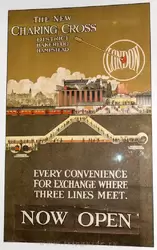 Постер 1914 года говорит о новых эскалаторах, соединяющих глубокие станции линий Bakerloo и Hampstead c Charing cross линии Distrcict