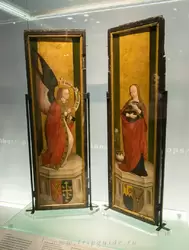 Алтарь «Благовещение Пресвятой Богородицы», около 1500 г., с изображением Архангела Гавриила с гербом Вестминсерского аббатства и Девы Марии с гербом аббата Джорджа Фэсета