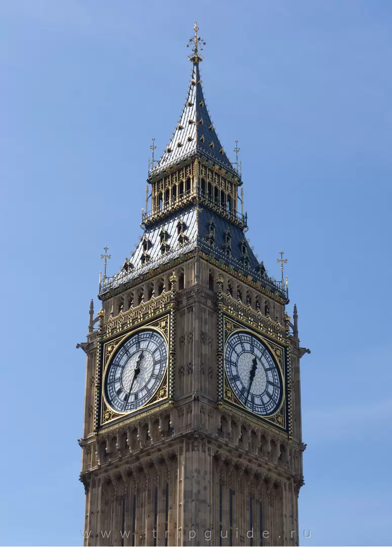 Часы Вестминстера имеют диаметр 7 метров, стрелки 2,7 и 4,2 метра